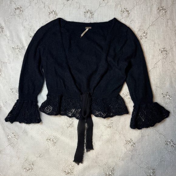 Free People Sweaters - Free people angora blend boho tie‑front bolero cardigan w/ crochet trim – size m